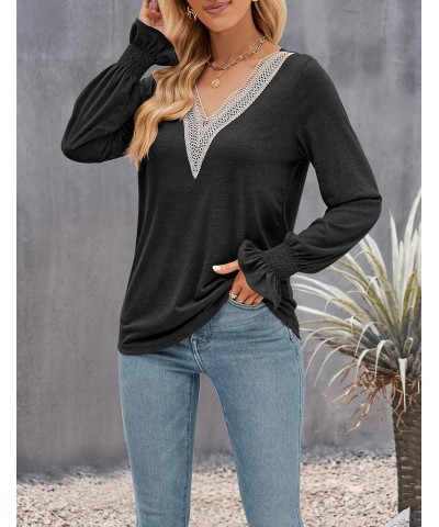 Women's Casual Long Puff Sleeve Tops Dressy Lace V Neck Smocked Cuffs Loose Tunic Blouses Black $16.49 Blouses