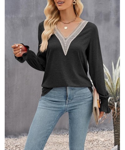 Women's Casual Long Puff Sleeve Tops Dressy Lace V Neck Smocked Cuffs Loose Tunic Blouses Black $16.49 Blouses