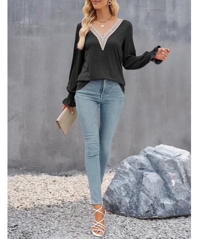 Women's Casual Long Puff Sleeve Tops Dressy Lace V Neck Smocked Cuffs Loose Tunic Blouses Black $16.49 Blouses