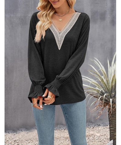 Women's Casual Long Puff Sleeve Tops Dressy Lace V Neck Smocked Cuffs Loose Tunic Blouses Black $16.49 Blouses