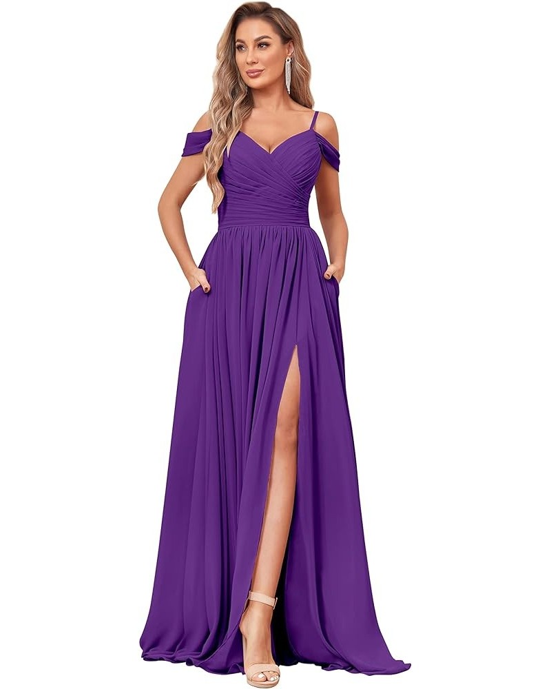 Women's Off Shoulder Bridesmaid Dress with Slit Chiffon Pleated Long Formal Dress Purple $31.89 Dresses