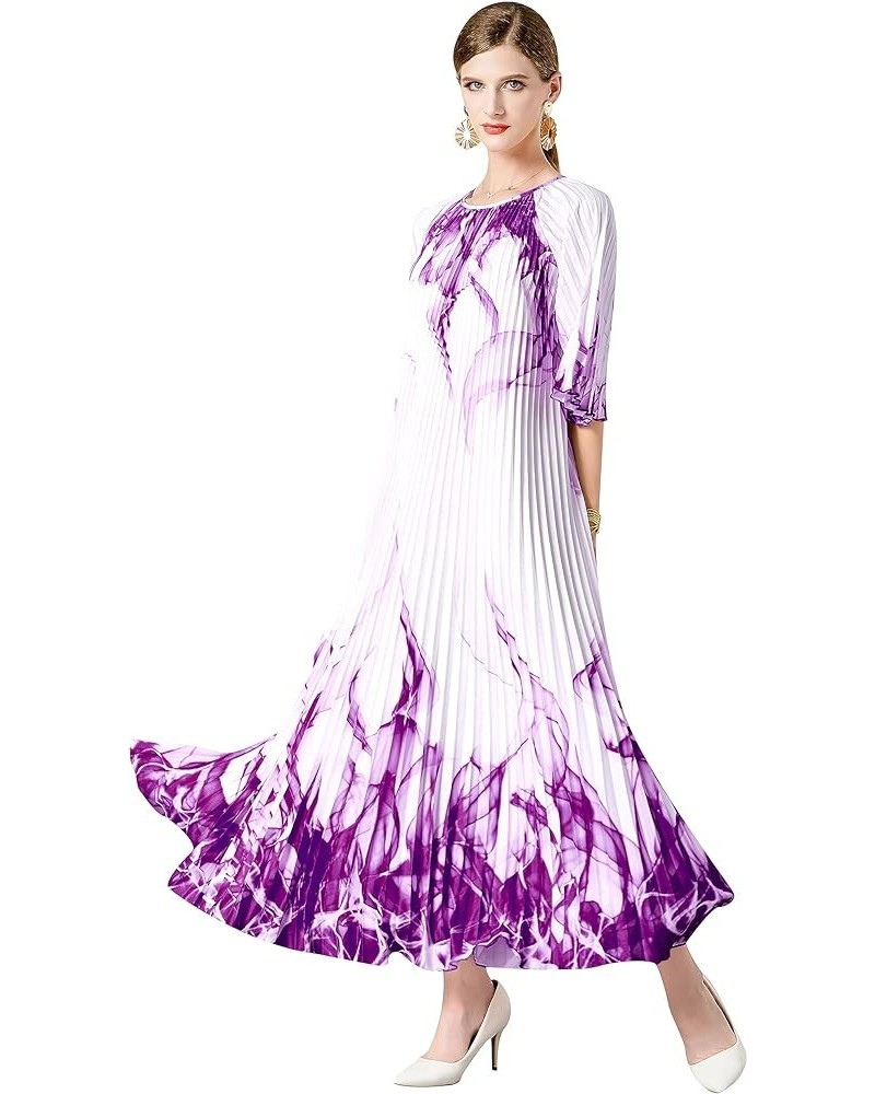 Women's Elegant Pleated Round Neck 1/2 Sleeves Print Maxi Casual Swing Flowy Party Dress 24117 Purple $26.39 Dresses