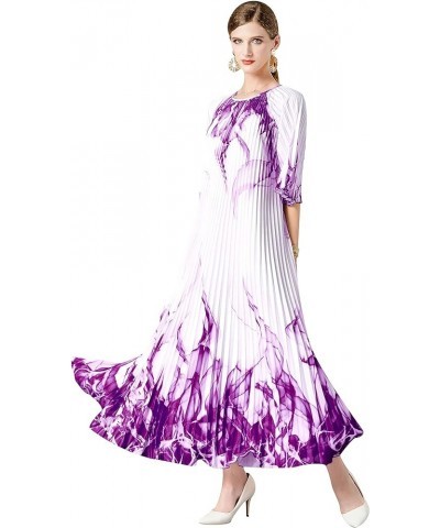 Women's Elegant Pleated Round Neck 1/2 Sleeves Print Maxi Casual Swing Flowy Party Dress 24117 Purple $26.39 Dresses