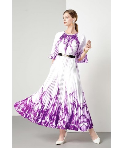 Women's Elegant Pleated Round Neck 1/2 Sleeves Print Maxi Casual Swing Flowy Party Dress 24117 Purple $26.39 Dresses