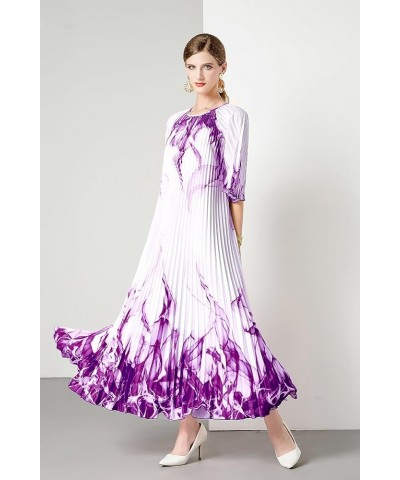 Women's Elegant Pleated Round Neck 1/2 Sleeves Print Maxi Casual Swing Flowy Party Dress 24117 Purple $26.39 Dresses