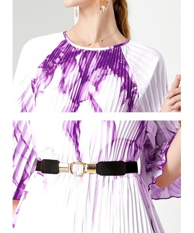 Women's Elegant Pleated Round Neck 1/2 Sleeves Print Maxi Casual Swing Flowy Party Dress 24117 Purple $26.39 Dresses