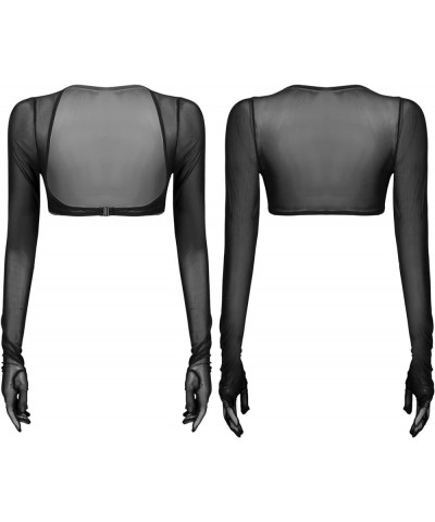 Women Sheer Mesh Shrug Tops Long Sleeve with Gloves Open Front Buckle Crop Top Blouses Black $7.78 Tanks