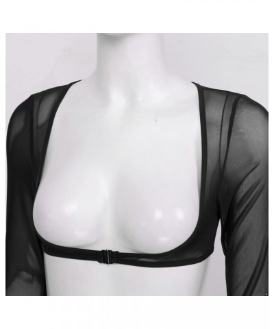 Women Sheer Mesh Shrug Tops Long Sleeve with Gloves Open Front Buckle Crop Top Blouses Black $7.78 Tanks