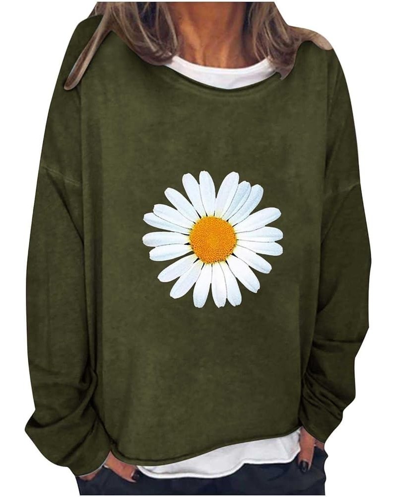 Women's Spring Casual Sweatshirts Cute Daisy Printed Crewneck Lightweight Pullover Flower Graphic Sweatshirt Tops Army Green ...