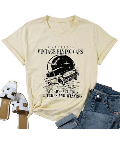 Vintage Flying Cars Shirt Women Weasley Tshirt Adventurous Witches Graphic Tshirt Universal Short Sleeve Tee Tops Apricot $12...