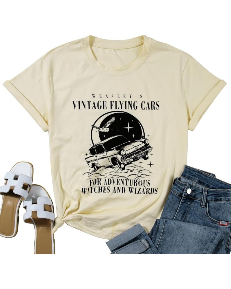 Vintage Flying Cars Shirt Women Weasley Tshirt Adventurous Witches Graphic Tshirt Universal Short Sleeve Tee Tops Apricot $12...