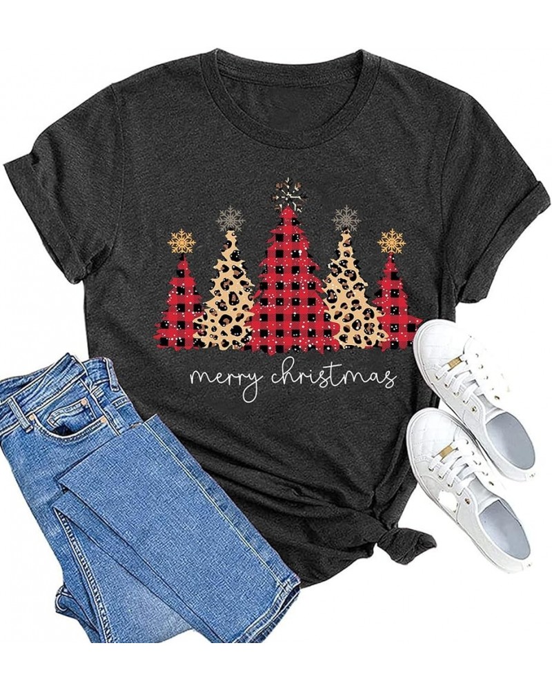 Merry Christmas Shirts for Women Leopard Plaid Christmas Trees Shirt Xmas Holiday Tee Tops Grey1 $6.75 T-Shirts