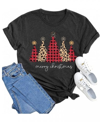 Merry Christmas Shirts for Women Leopard Plaid Christmas Trees Shirt Xmas Holiday Tee Tops Grey1 $6.75 T-Shirts