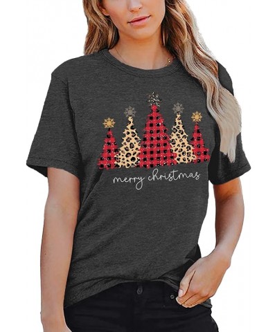 Merry Christmas Shirts for Women Leopard Plaid Christmas Trees Shirt Xmas Holiday Tee Tops Grey1 $6.75 T-Shirts