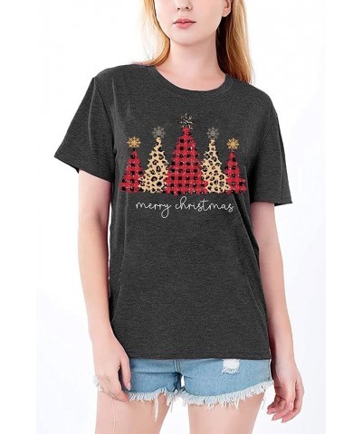 Merry Christmas Shirts for Women Leopard Plaid Christmas Trees Shirt Xmas Holiday Tee Tops Grey1 $6.75 T-Shirts