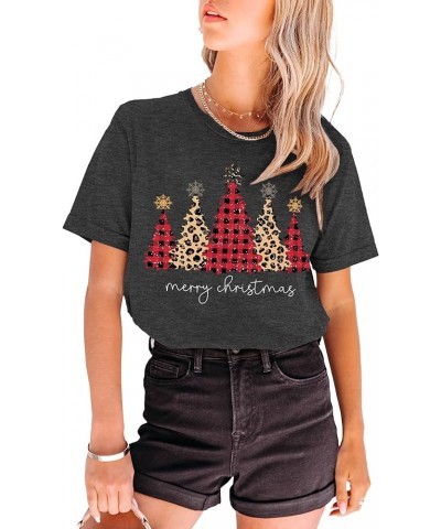 Merry Christmas Shirts for Women Leopard Plaid Christmas Trees Shirt Xmas Holiday Tee Tops Grey1 $6.75 T-Shirts