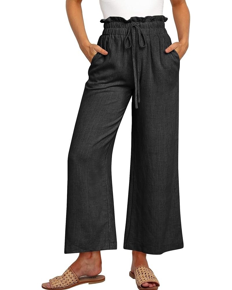 Women's Linen Pants Summer Wide Leg Casual Loose High Waist Drawstring Capri Palazzo Pants Trousers with Pockets Black $17.81...