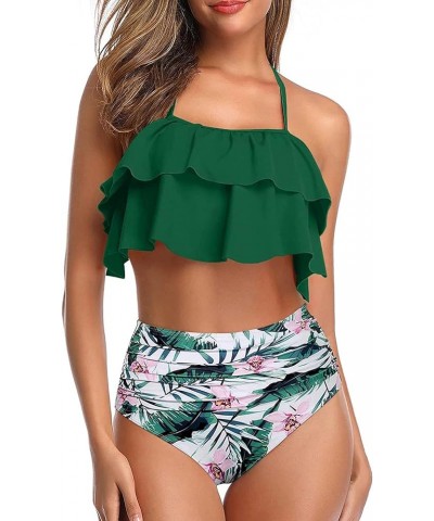 Women Two Piece Swimsuits High Waisted Bikini Teen Ruffle Tummy Control Bottoms Halter Bathing Suits Green Floral $17.15 Swim...