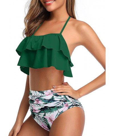 Women Two Piece Swimsuits High Waisted Bikini Teen Ruffle Tummy Control Bottoms Halter Bathing Suits Green Floral $17.15 Swim...