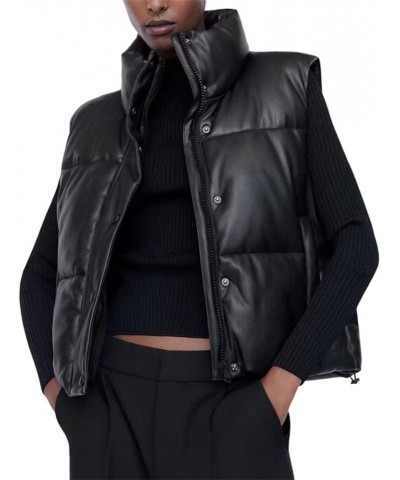 Women Warm Puffer Vest Faux Leather Zipper Cropped Stand Collar Sleeveless Padded Winter Outerwear PU Gilet Jacket Black $14....