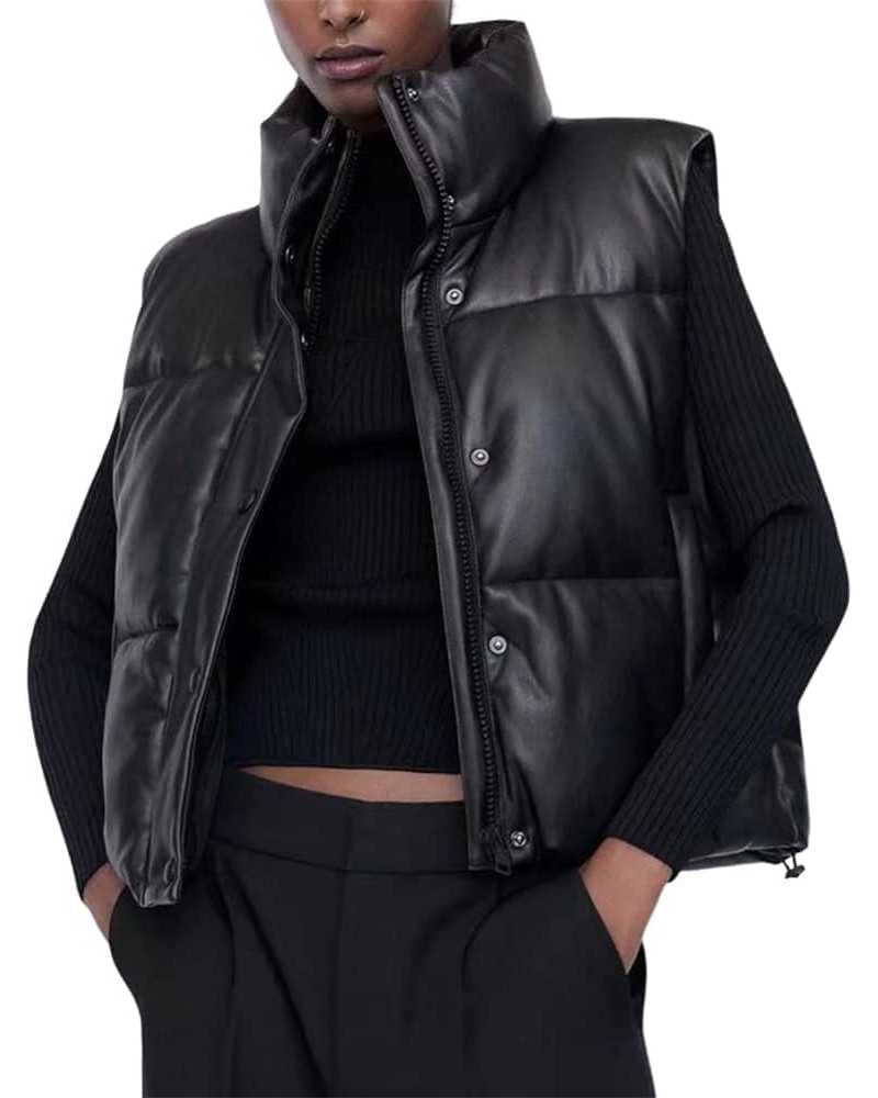 Women Warm Puffer Vest Faux Leather Zipper Cropped Stand Collar Sleeveless Padded Winter Outerwear PU Gilet Jacket Black $14....