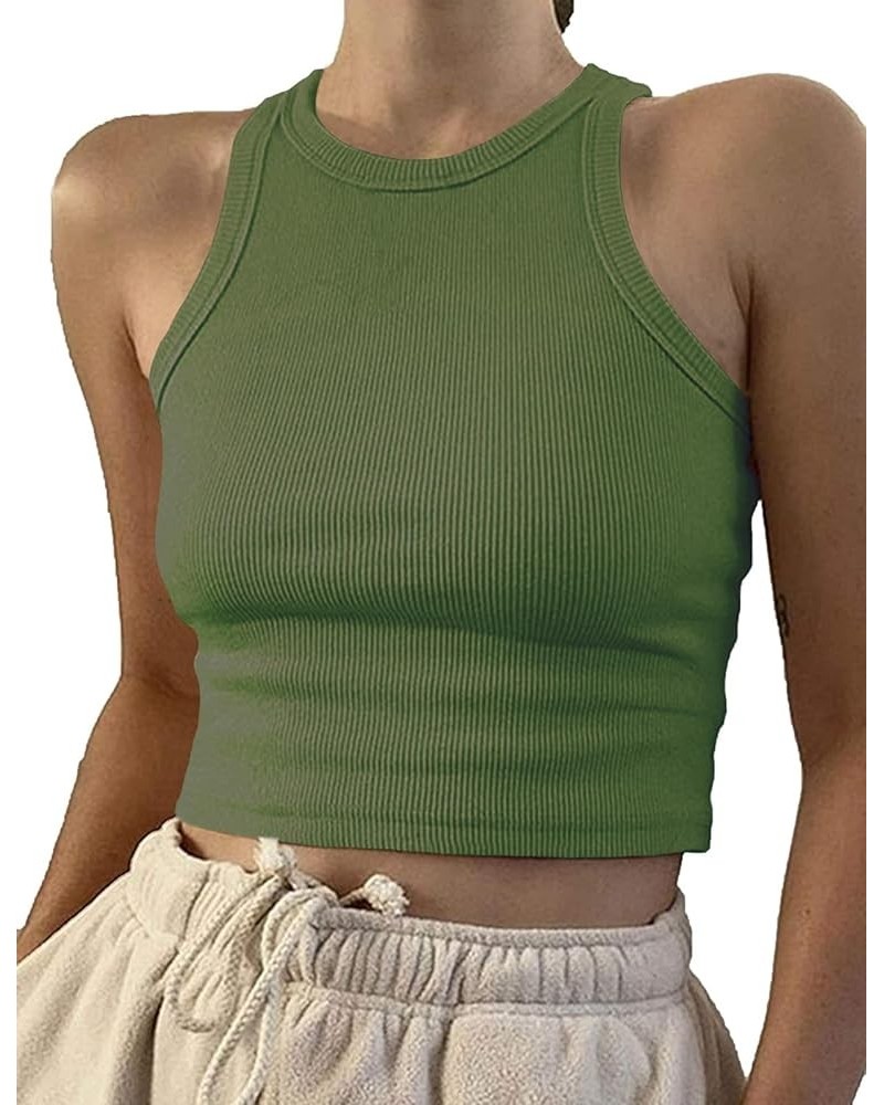 Women Casual Basic Sleeveless High Neck Rib-Knit Y2k Crop Tank Top 01army Green $10.08 Tanks