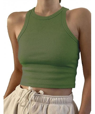 Women Casual Basic Sleeveless High Neck Rib-Knit Y2k Crop Tank Top 01army Green $10.08 Tanks