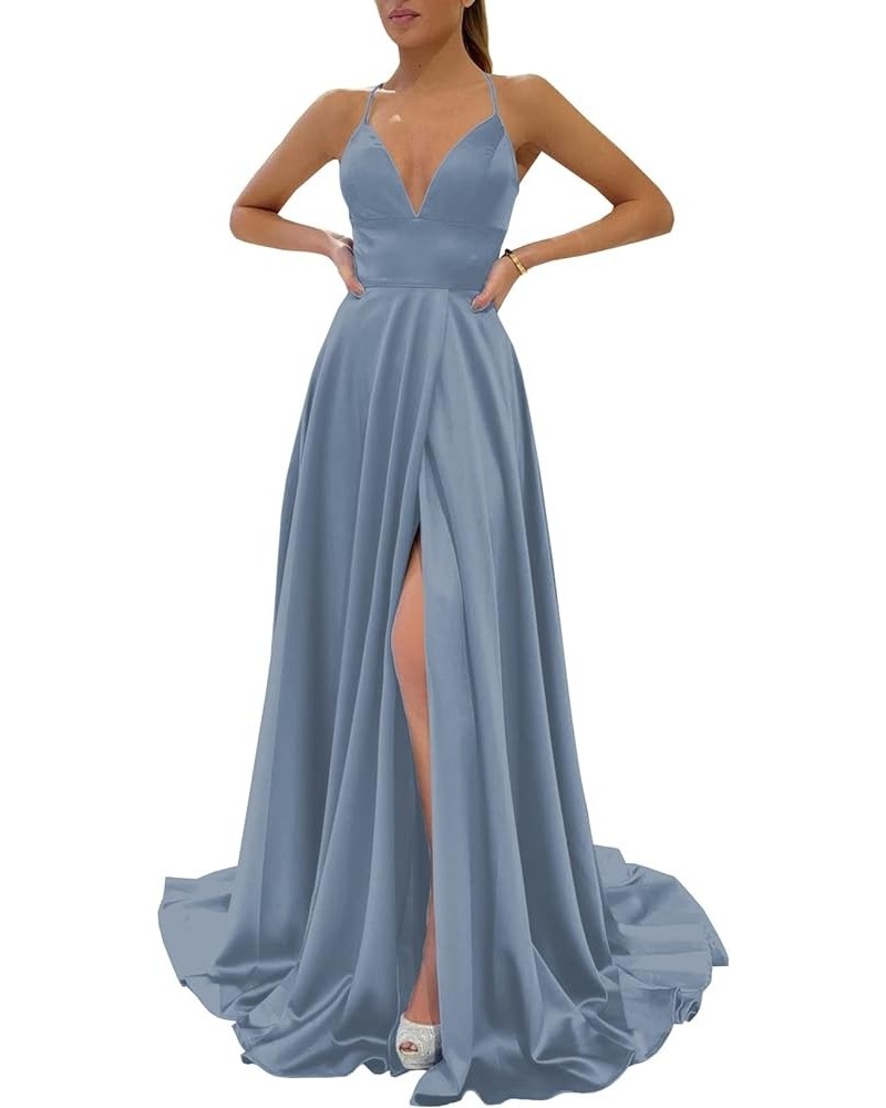 Women's Spaghetti Strap V Neck Satin Prom Dresses Long Ball Gown Wrap Slit Formal Dress with Pockets Dusty Blue $35.69 Dresses