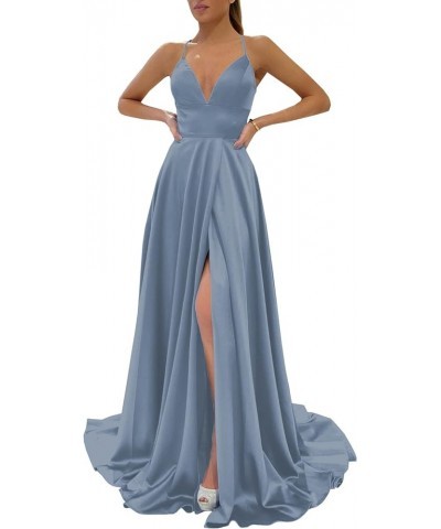 Women's Spaghetti Strap V Neck Satin Prom Dresses Long Ball Gown Wrap Slit Formal Dress with Pockets Dusty Blue $35.69 Dresses