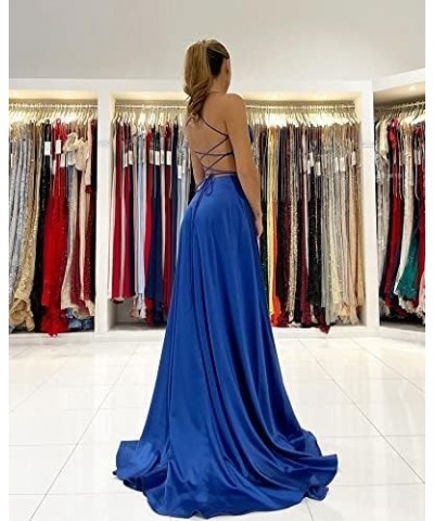 Women's Spaghetti Strap V Neck Satin Prom Dresses Long Ball Gown Wrap Slit Formal Dress with Pockets Dusty Blue $35.69 Dresses