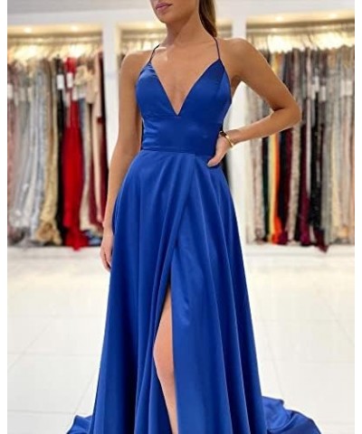 Women's Spaghetti Strap V Neck Satin Prom Dresses Long Ball Gown Wrap Slit Formal Dress with Pockets Dusty Blue $35.69 Dresses