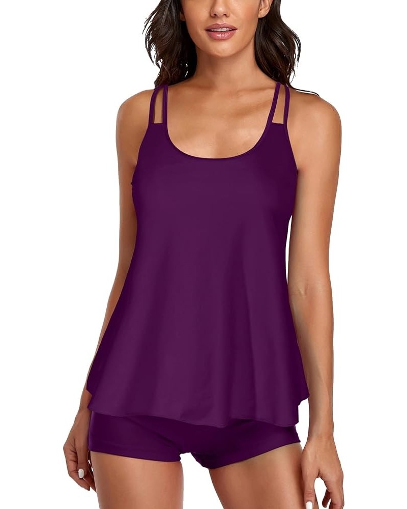 Tankini Swimsuit for Women Two Piece Bikini Tummy Control Bathing Suit Tank Top Swimwear with Boyshorts Purple $12.69 Swimsuits