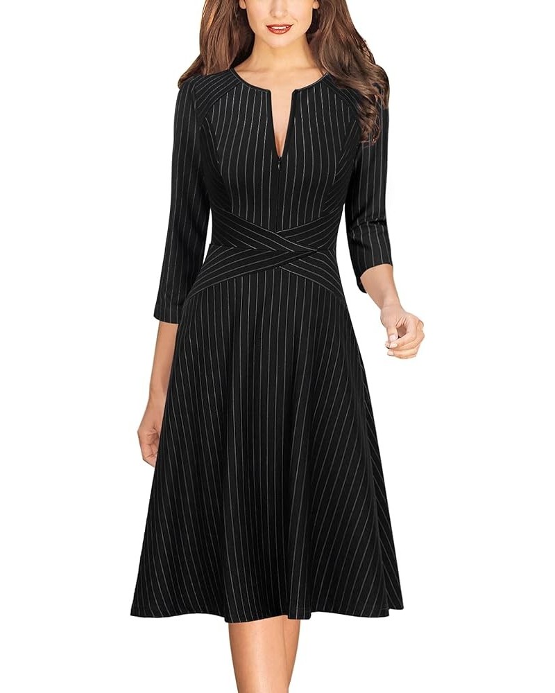 Womens Elegant Front Zipper Slim Work Business Office Party Cocktail A-Line Dress Black and White Stripe (3/4 Sleeve) $19.74 ...