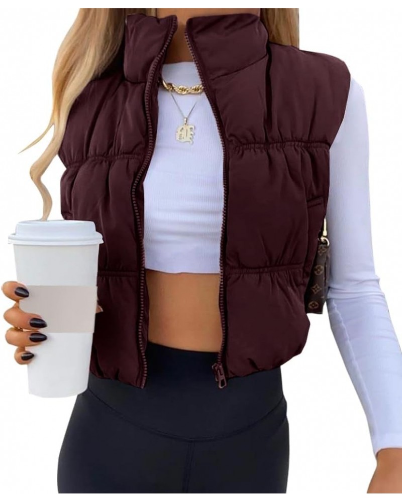 Women's Crop Puffer Vest Winter Zip Up Lightweight Sleeveless Warm Outerwear Padded Coat Red Brown $24.18 Vests