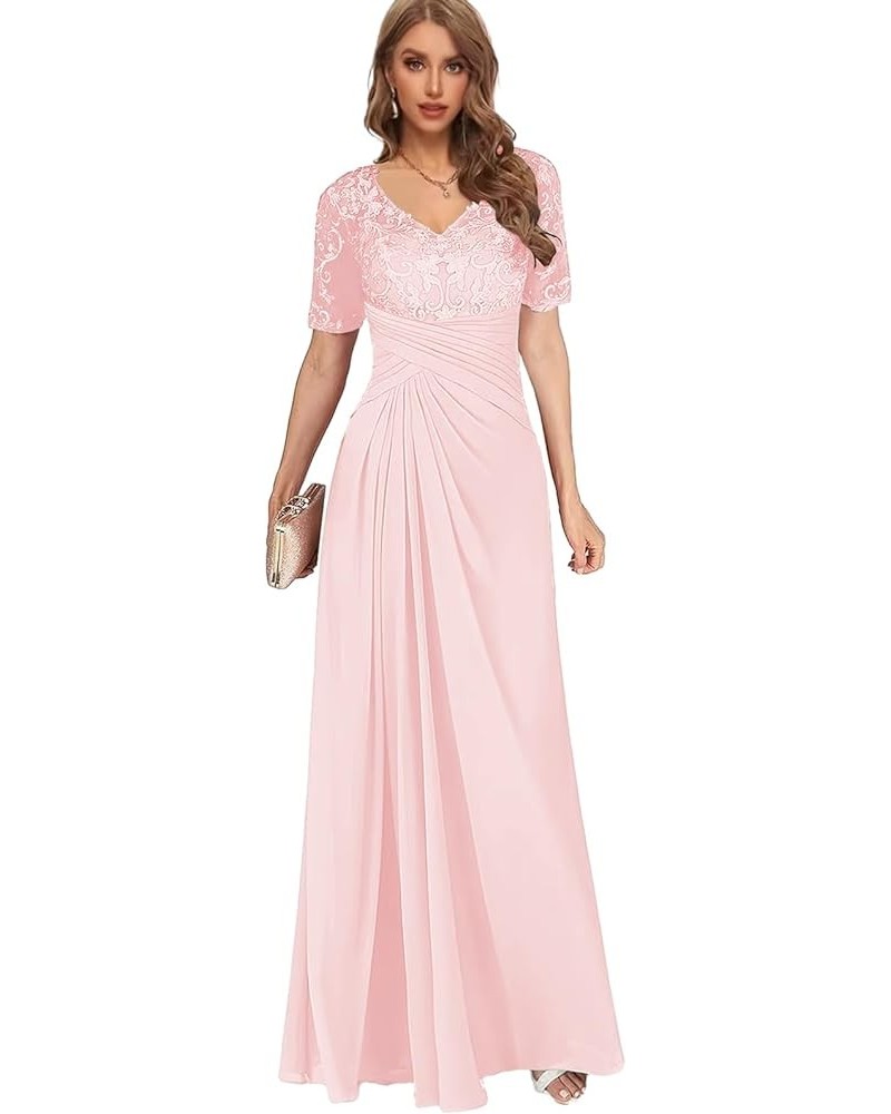 Women's Long Mother of The Bride Dresses with Sleeves V Neck Lace Chiffon Ruched Evening Formal Dress for Wedding Blush Pink ...