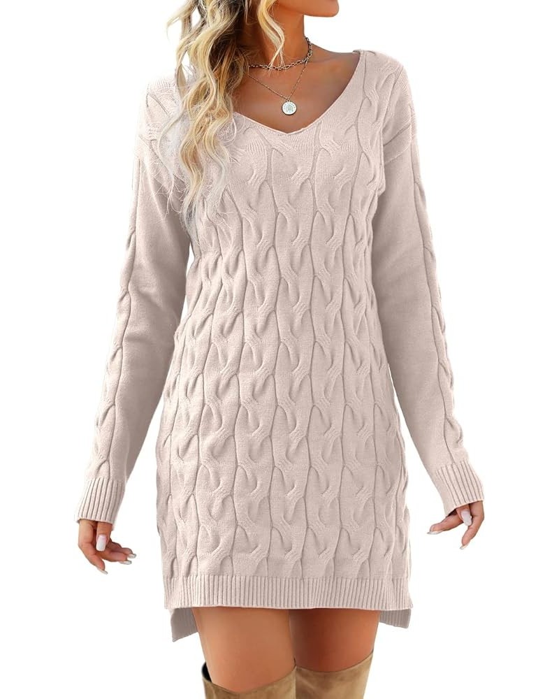 Women's V Neck Cable Knit Sweater Dress Long Sleeve Sexy Slim Fit Pullover Sweater Side Split Mini Dress Apricot $22.22 Sweaters