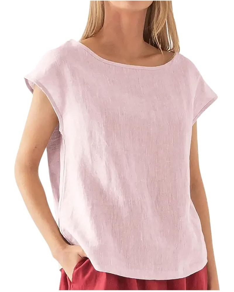 Casual Cotton Linen Tops for Women Summer 3/4 Sleeve Plus Size T Shirts Loose Fit Crew Neck Side Split Basic Blouses G-pink $...