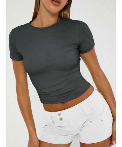 Womens Basic T-Shirts Scoop Neck Short Sleeve Crop Tops Cute Summer Tops Slim Fit Tees Y2k Clothing 2024 Gray $11.59 T-Shirts