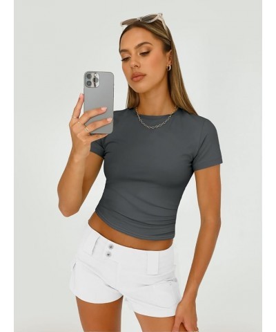 Womens Basic T-Shirts Scoop Neck Short Sleeve Crop Tops Cute Summer Tops Slim Fit Tees Y2k Clothing 2024 Gray $11.59 T-Shirts