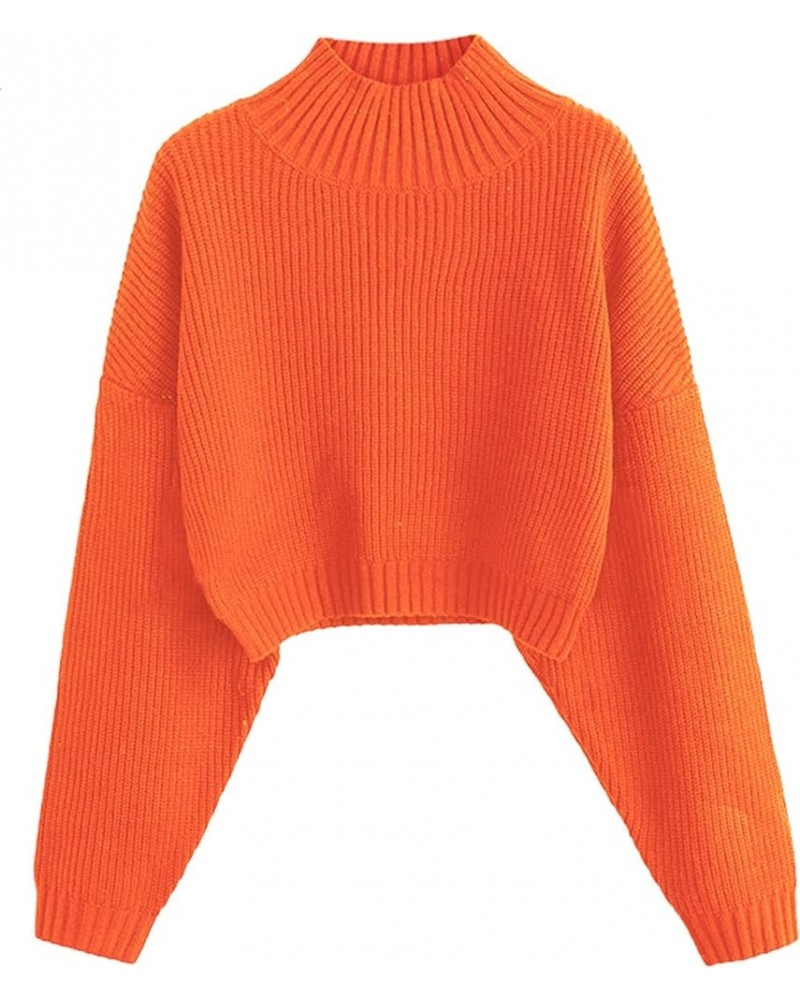 Women's Cropped Turtleneck Sweater Lantern Sleeve Ribbed Knit Pullover Sweater Jumper 1-orange $20.25 Sweaters