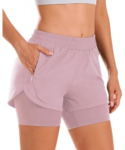 Women 2 in 1 Running Shorts High Waisted Athletic Shorts Gym Workout Shorts with Liner Zipper Pockets Pink $16.23 Shorts