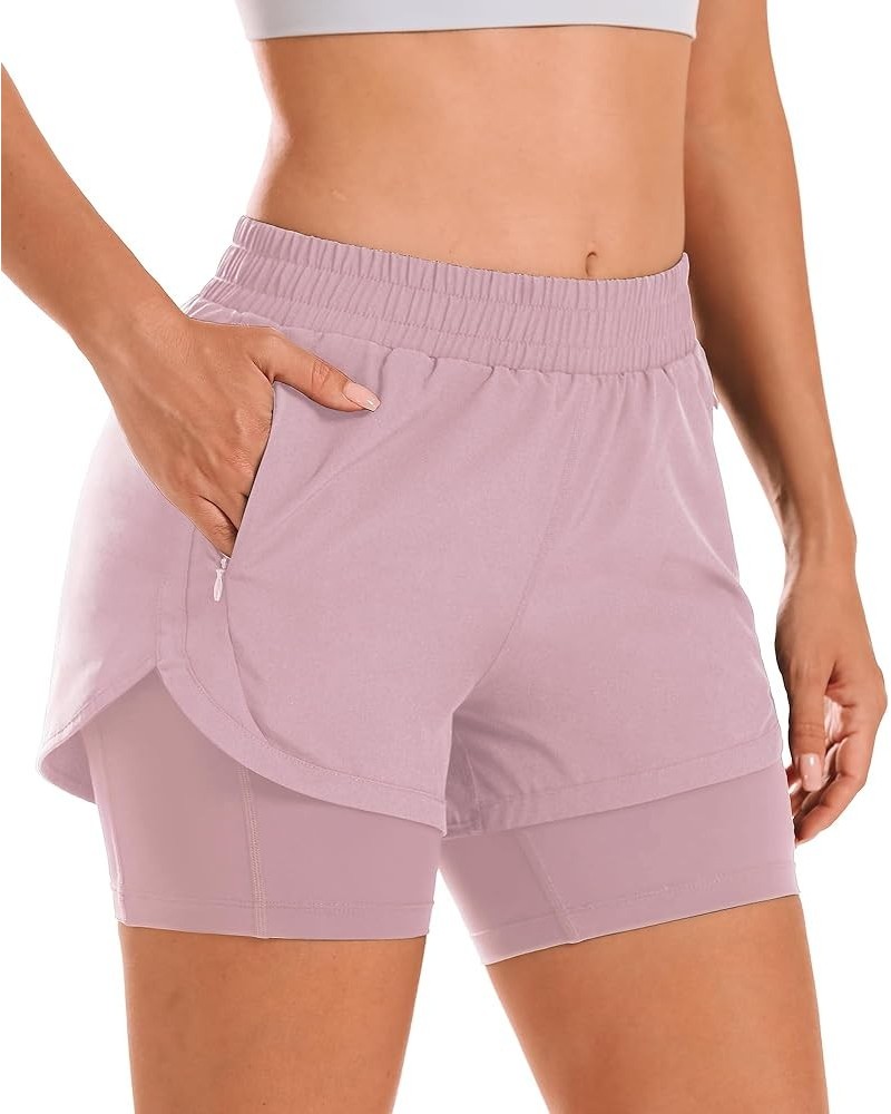 Women 2 in 1 Running Shorts High Waisted Athletic Shorts Gym Workout Shorts with Liner Zipper Pockets Pink $16.23 Shorts