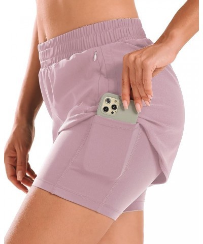 Women 2 in 1 Running Shorts High Waisted Athletic Shorts Gym Workout Shorts with Liner Zipper Pockets Pink $16.23 Shorts