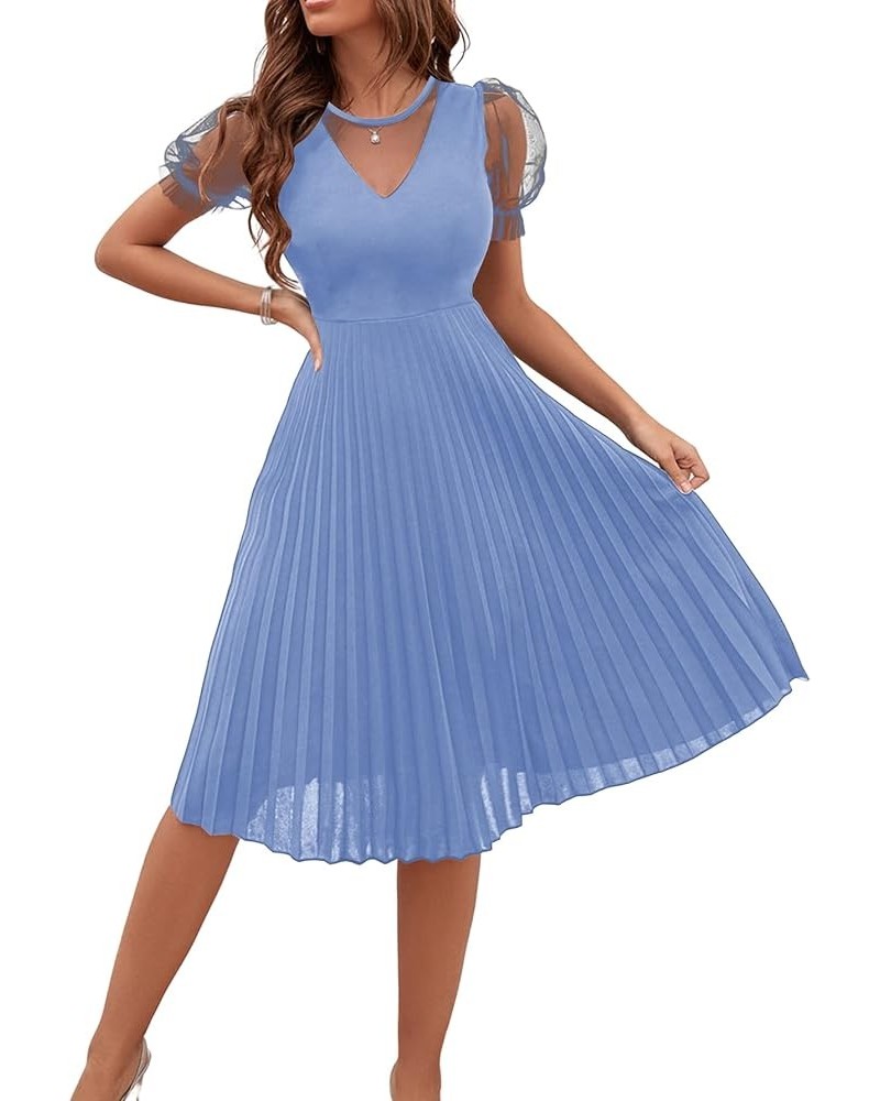 Women's Mesh Sheer Puff Sleeve High Rise Elegant Solid Pleated Midi Dress Blue $21.56 Dresses