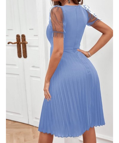 Women's Mesh Sheer Puff Sleeve High Rise Elegant Solid Pleated Midi Dress Blue $21.56 Dresses