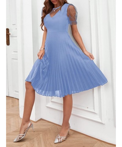 Women's Mesh Sheer Puff Sleeve High Rise Elegant Solid Pleated Midi Dress Blue $21.56 Dresses