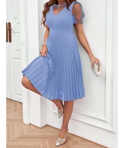 Women's Mesh Sheer Puff Sleeve High Rise Elegant Solid Pleated Midi Dress Blue $21.56 Dresses