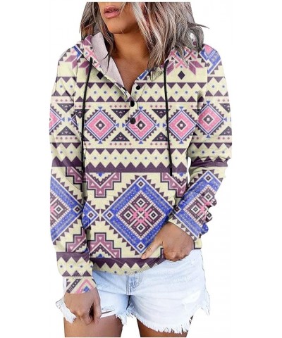 Women's Fall Casual Western Aztec Print Long Sleeve Drawstring Hoodies Half Zip Sweatshirt Button Down Pullover Tops 23-purpl...