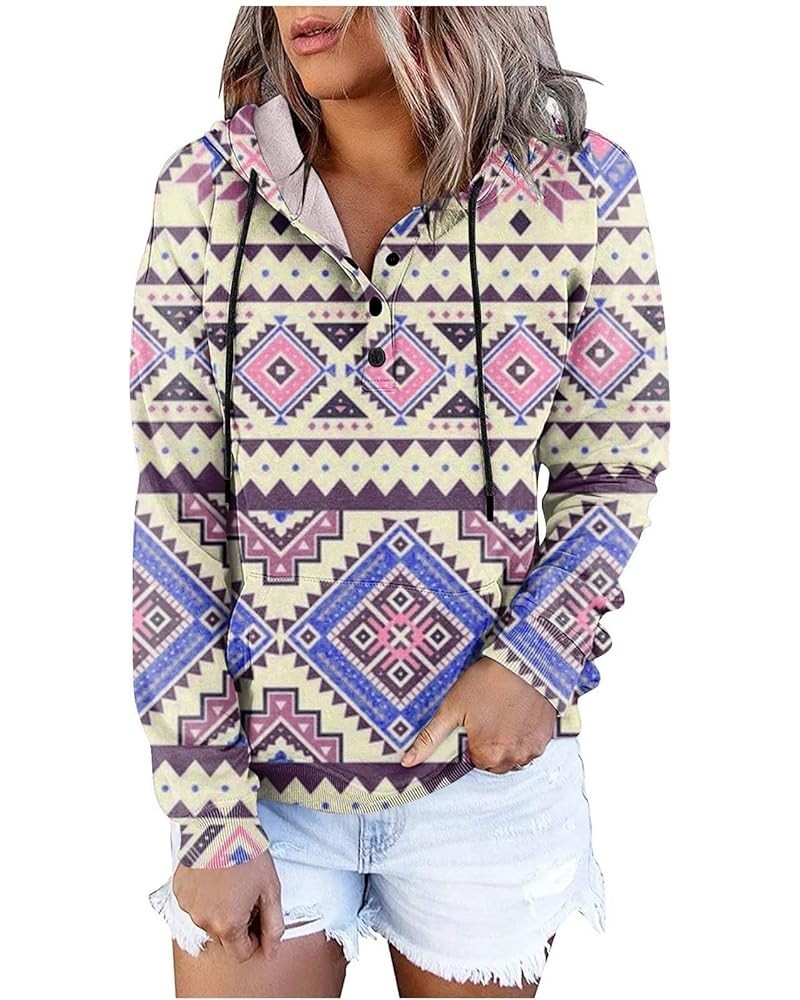 Women's Fall Casual Western Aztec Print Long Sleeve Drawstring Hoodies Half Zip Sweatshirt Button Down Pullover Tops 23-purpl...