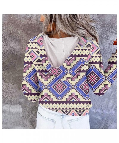 Women's Fall Casual Western Aztec Print Long Sleeve Drawstring Hoodies Half Zip Sweatshirt Button Down Pullover Tops 23-purpl...